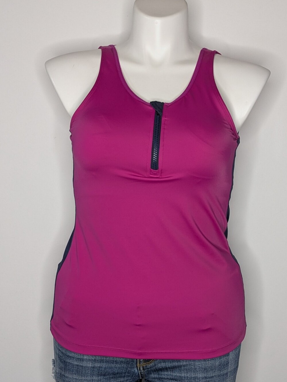 Ruby Ribbon Pink Blue 1/4 Zip Sleeveless Shelf Bra Exercise Workout Tank Top 38